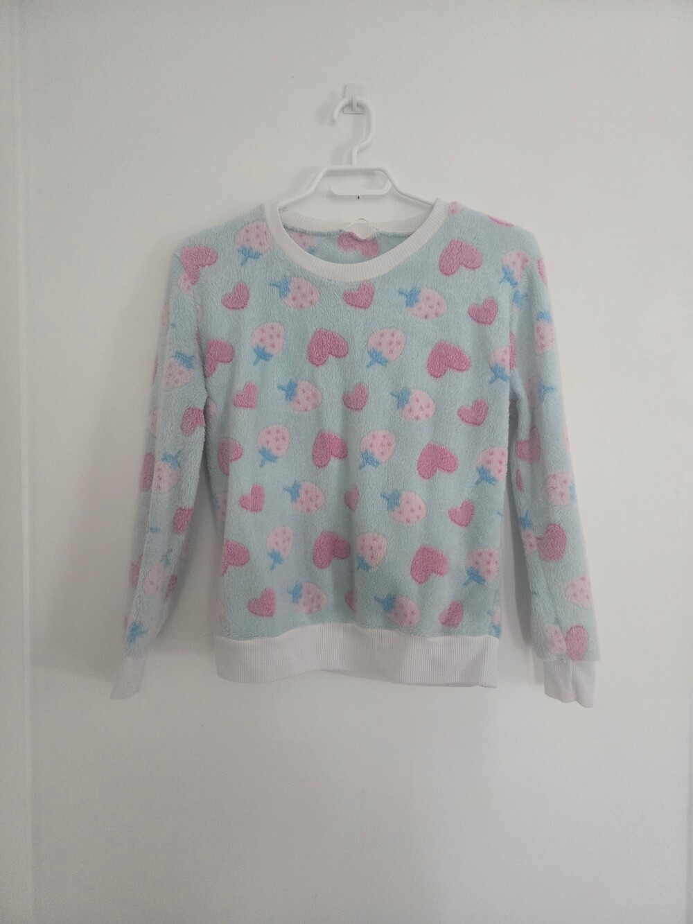 Fuzzy Light Blue Pink Hearts Strawberries Sweatshirt